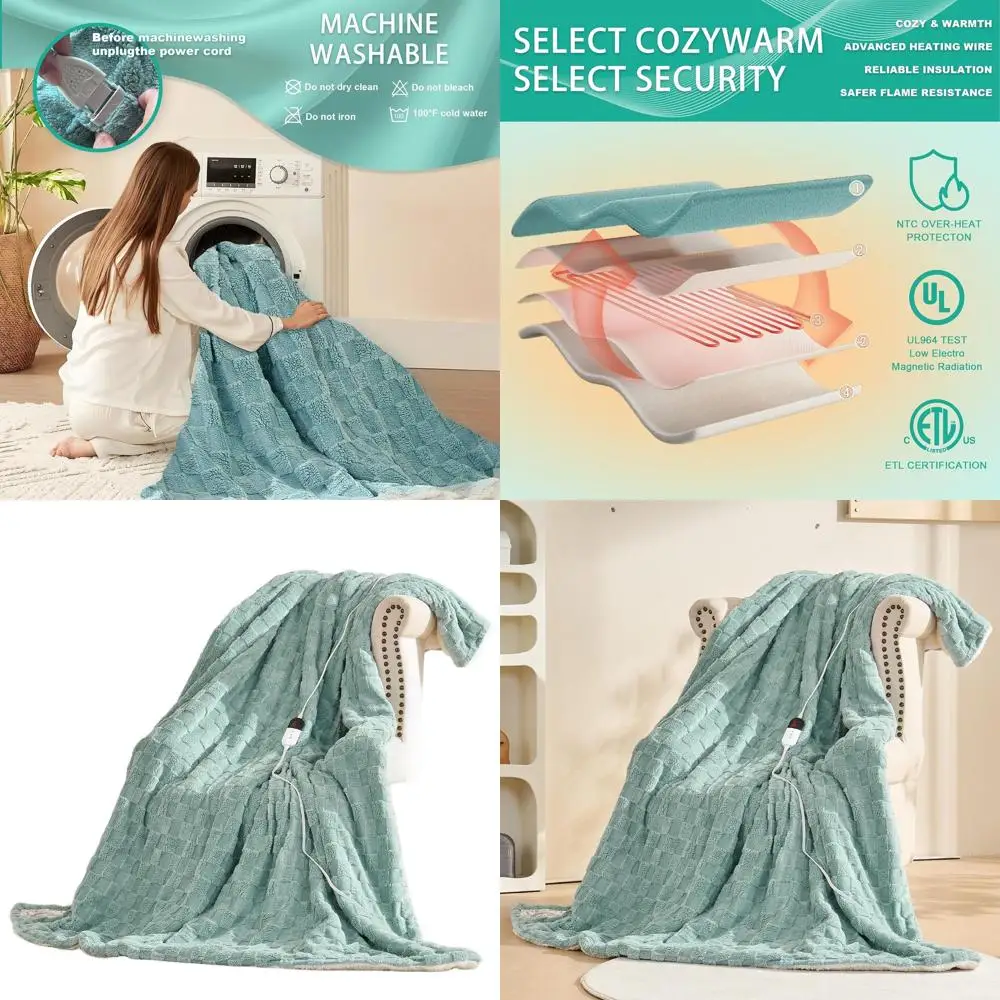 

6-Setting Heated Flannel Blanket with 10-Hour Auto Shut-Off, Green, 84x90