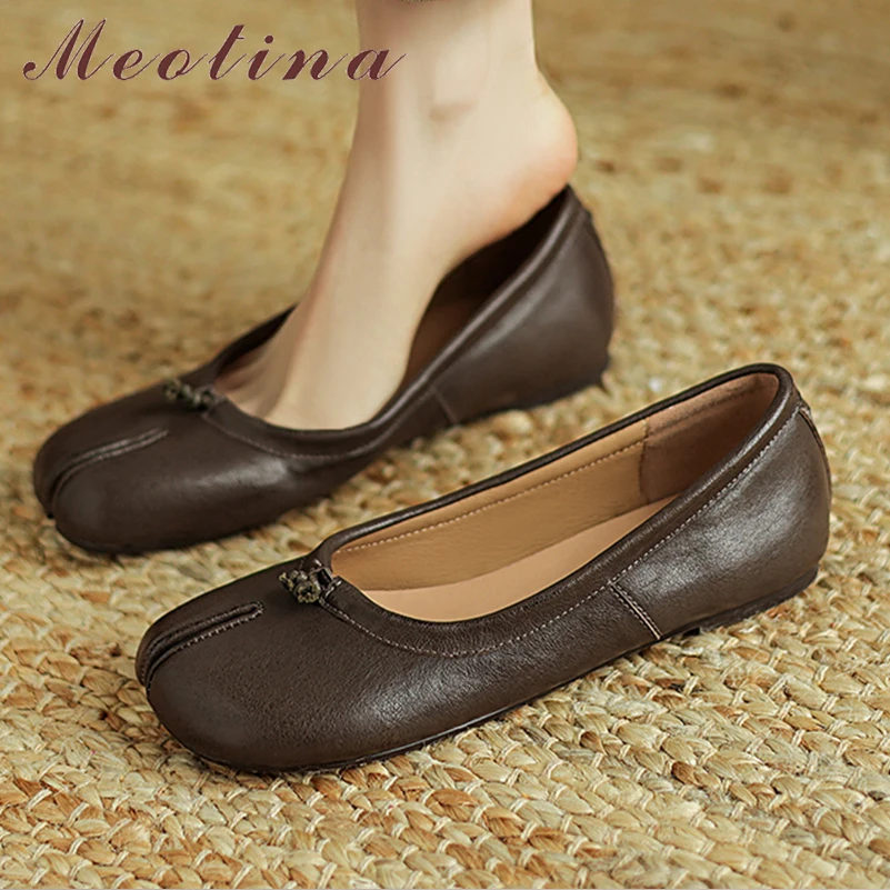

Meotina Women Genuine Leather Flats Split Toe Concise Glove Shoes Ladies Fashion Casual Shoes Spring Autumn Gray Brown 40