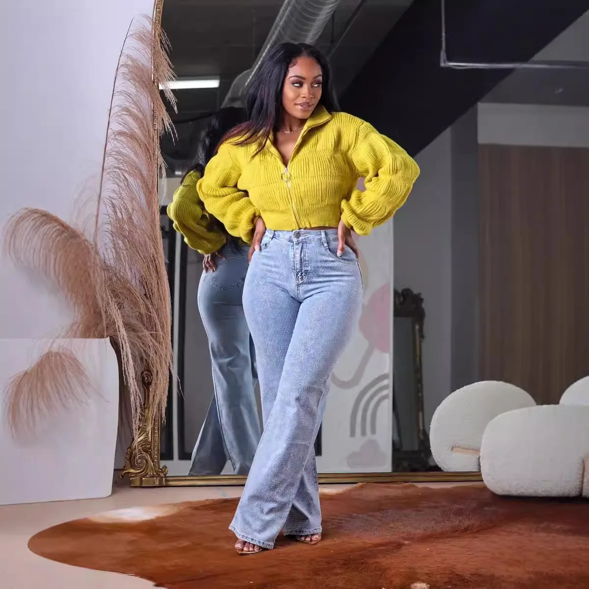 سترة نسائية عصرية قصيرة بدون أكمام فضفاضة بأكمام جذر اللوتس وسحاب وياقة عالية سترة كاجوال أنيقة #3