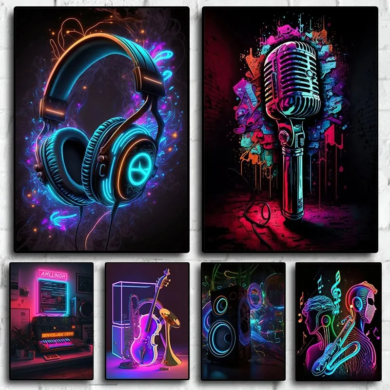 Pop 80S Live Music Neon Punk Poster Aesthetics Dj Guitar Karaoke Headphones Canvas Painting Wall Art Home Bar Kawaii Room Decor