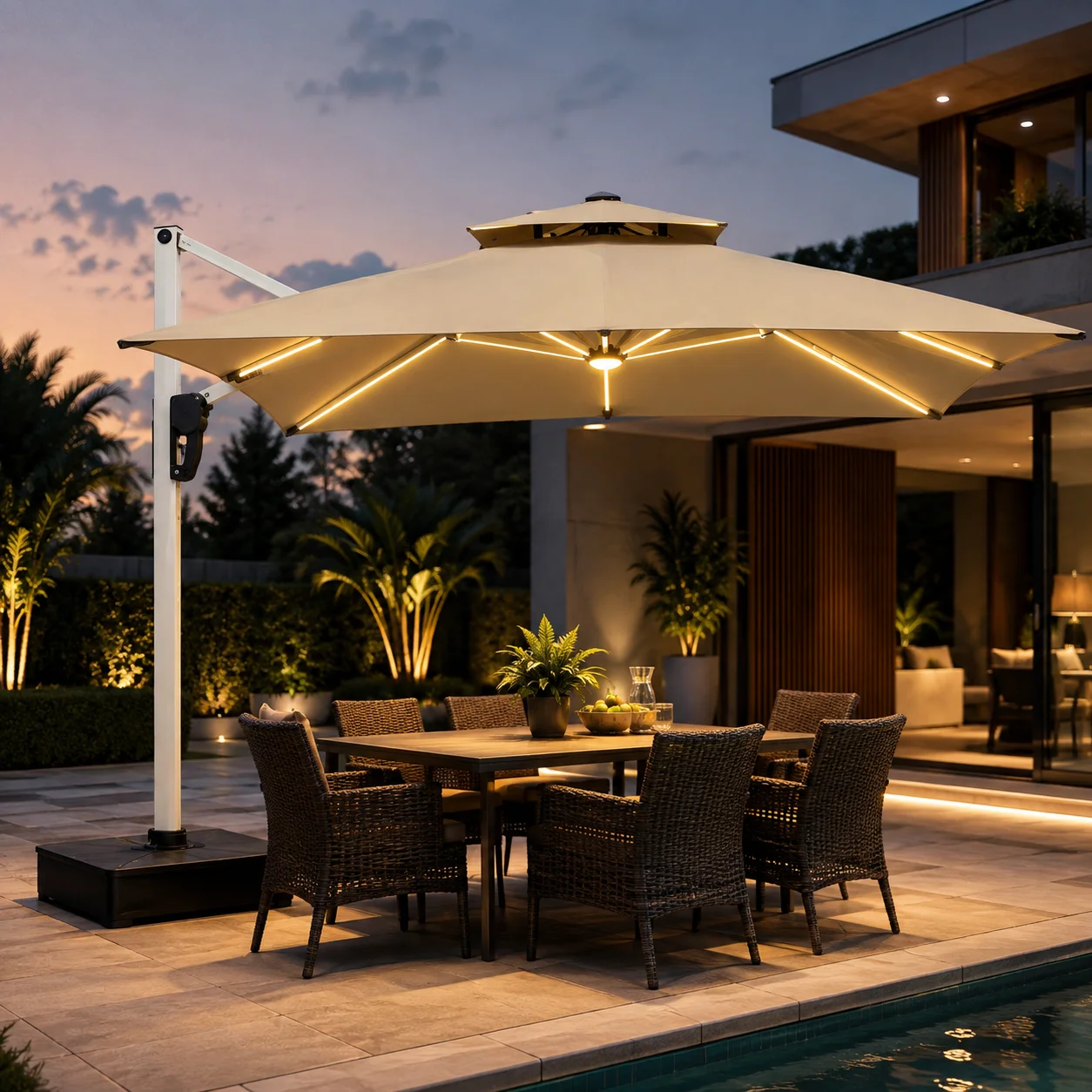 3x3M Solar LED Cantilever Patio Umbrella 8-Rib Aluminum Frame UPF50+ Waterproof 360 Degree Rotation Garden