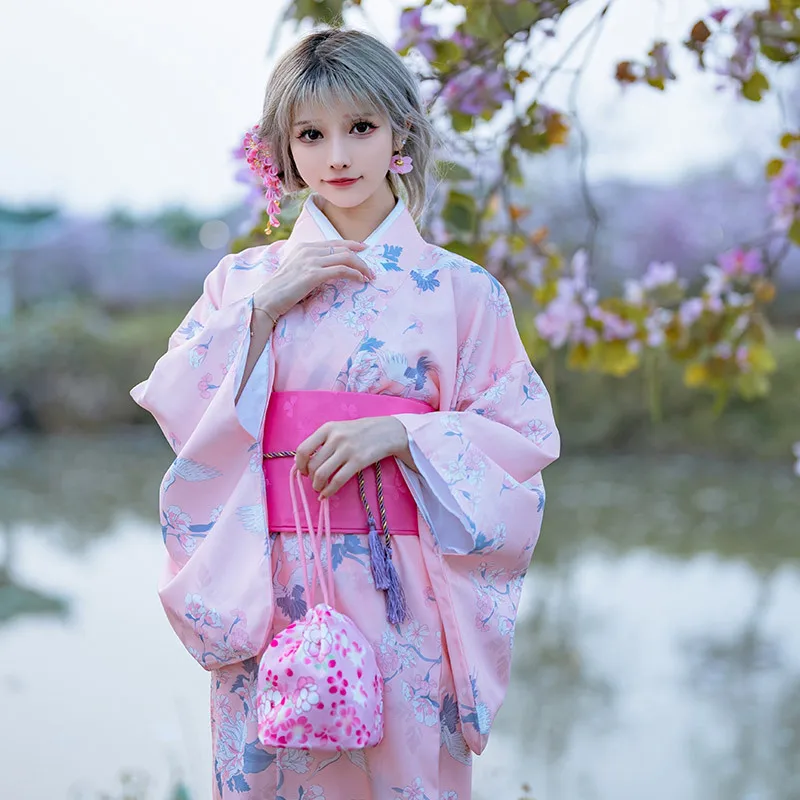 Japanese Kimono Fashion Traditional Kimono with Obi Women Prints Classic Stage Performance Robe Costume Cosplay Evening Dress