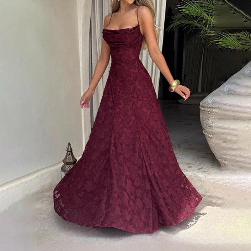 Boho New Sexy Sleeveless Backless Dress Elegant Jacquard Crochet Lace Prom Dresses Summer Solid Slash Neck Embroidery Long Dress