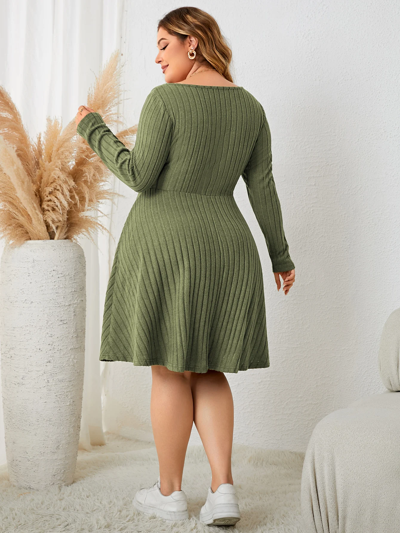 Fashion Plus Size Clothing Dresses for Women 2023 Casual Long Sleeve Green Elegant Party Vacation Large Size Short Female Dress