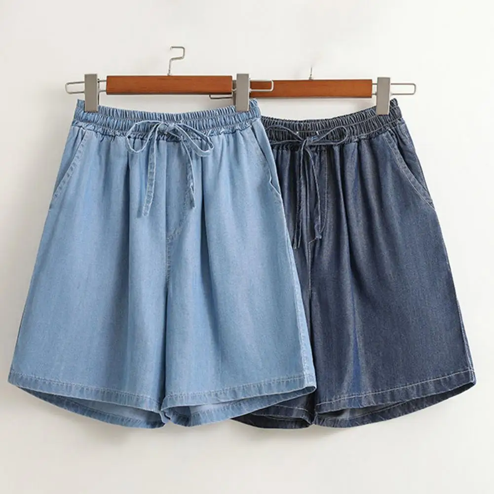 Breathable Summer Shorts Stylish Women's Knee-length Wide Leg Shorts with Elastic Waistband Drawstring Solid Color for Summer