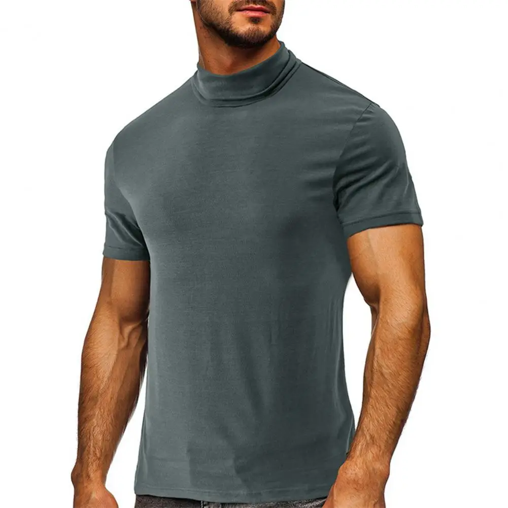 Men T-shirt Mock Neck Short Sleeve Men Top Solid Color Breathable Elastic Fitness T-shirt Summer Running Compression T-shirt