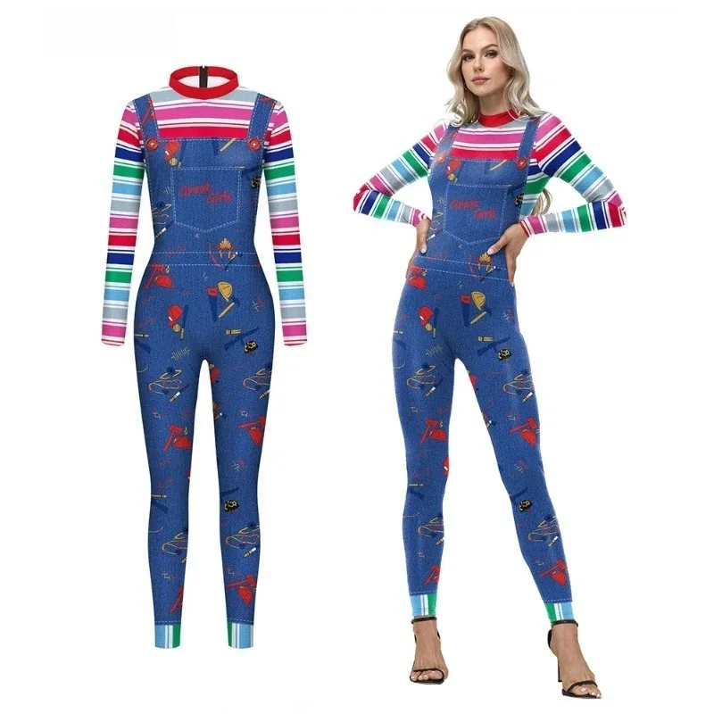 Damen Halloween Chucky Kostüm 3D-Gedruckter Catsuit Erwachsenen-Romper Puppen-Cosplay Bodysuit Eng Anliegender Ganzkörper-Jumpsuit Rollenspiel