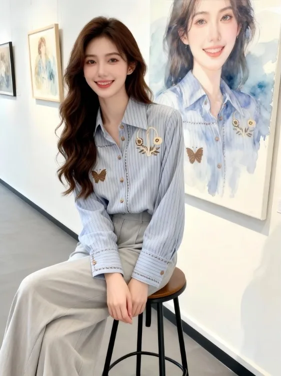 

Женская шифоновая блузка Ele с синими полосками и вышивкой, длинными рукавами, воротником, омолаживающим эффектом, в корейском стиле, свободного кроя