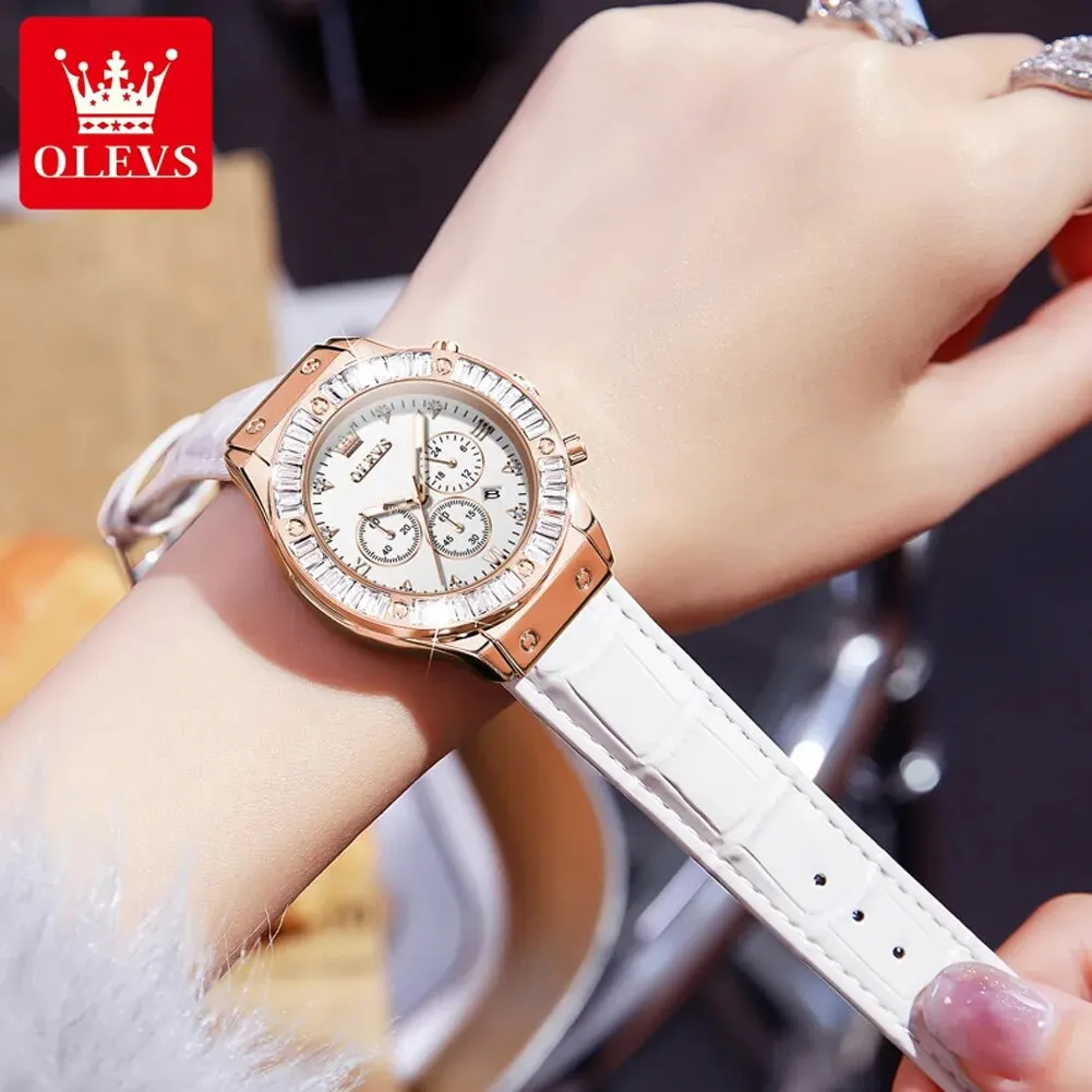 OLEVS 9978 Luxury Quartz Watch for Women Fashion Leather Strap Diamond Lap Ladies Wristwatch Top Brand Women's Chronograph Watch