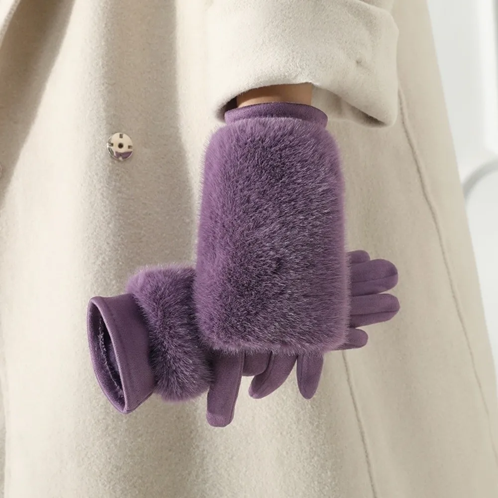 Thickened Suede Thermal Gloves Detachable Lining Windproof Faux Fur Gloves Winter Warm Solid Color Riding Gloves for Women