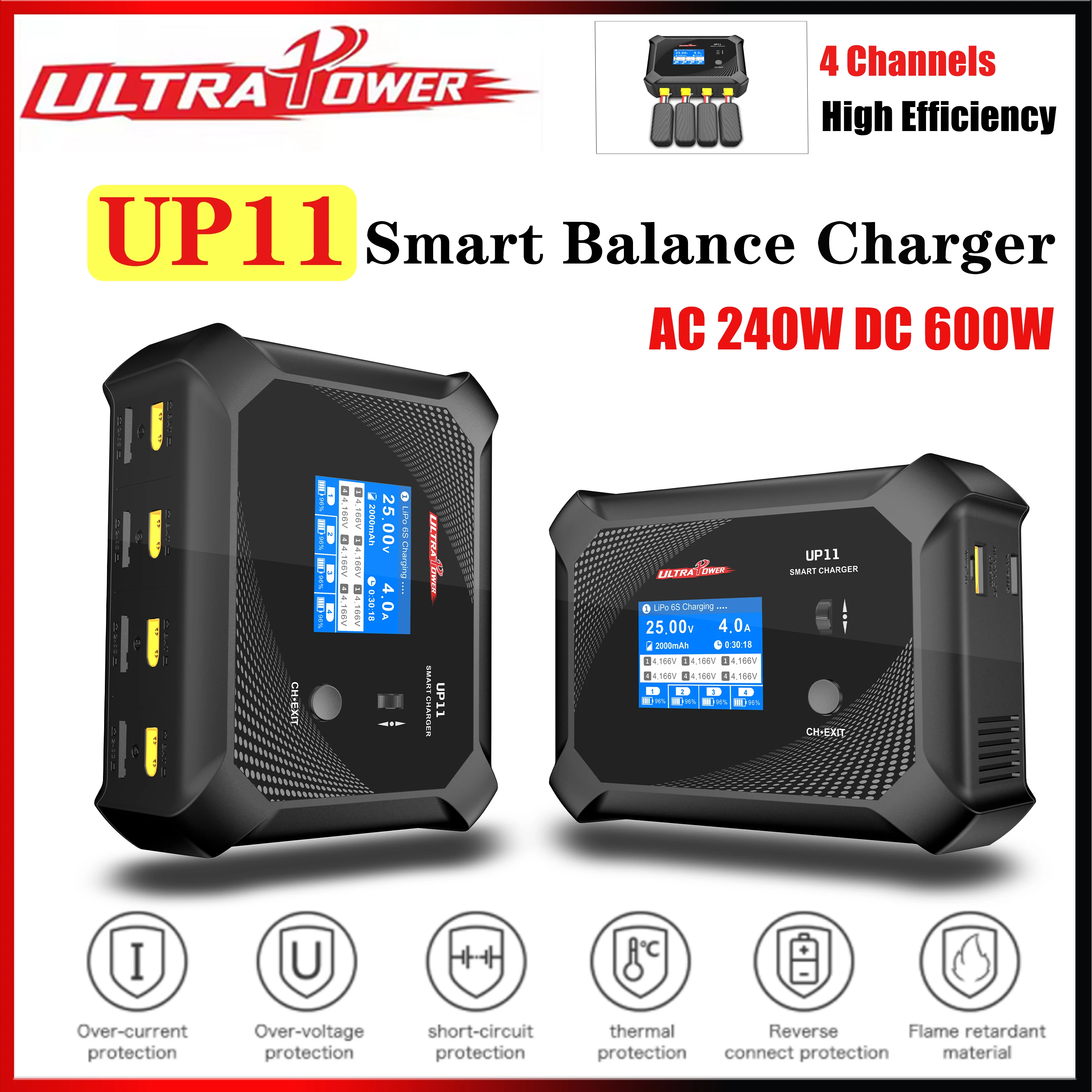 

UltraPower UP11 4-канальное интеллектуальное зарядное устройство Blance AC 240 Вт постоянного тока 600 Вт Высокоэффективное зарядное устройство Разрядное устройство для LiHv LiPo LiFe Pb аккумулятор