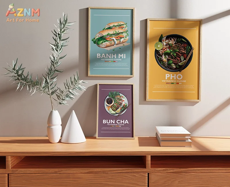 AZNM Frameless Canvas Poster Vietnamese Food Print, Pho Banh Mi Bun Cha Goi Cuon Illustration Wall Art Picture for Restaurant Ki