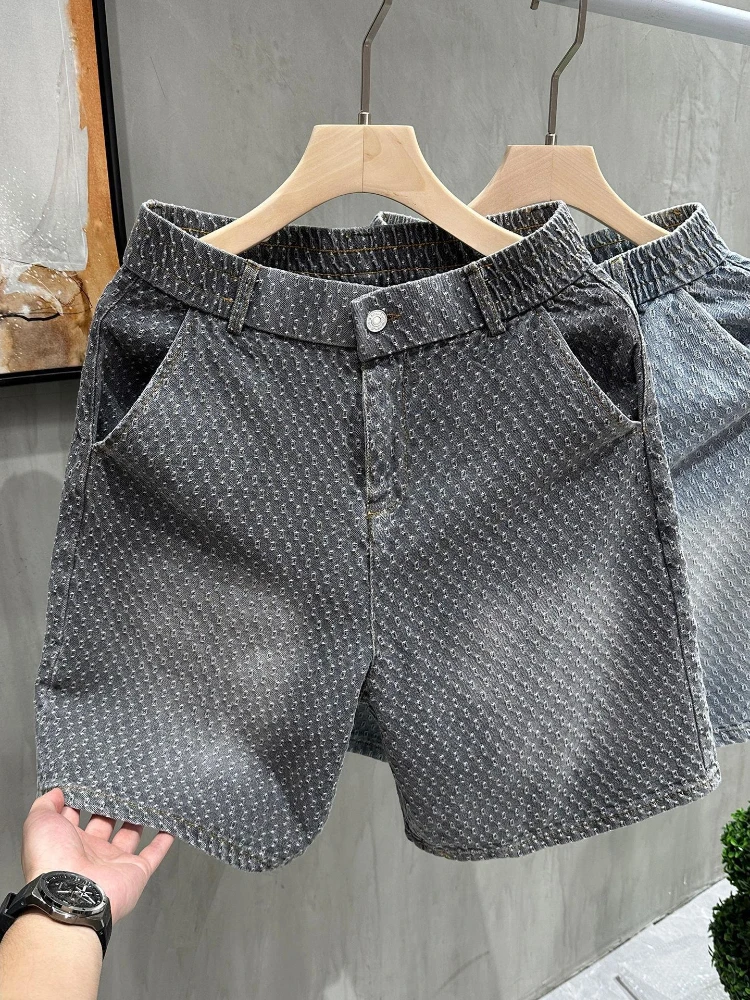Men's Vintage Jacquard Denim Shorts Summer Loose Fit Straight Leg Above Knee Casual Bermuda Pants American Streetwear Style