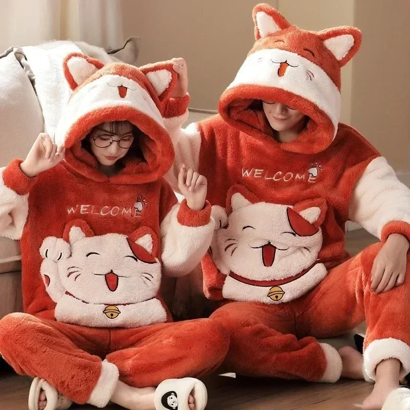 Winter Thicken Couples Pajamas Sets Sleepwear Adult  Cartoon Cat Kawaii Women Men Anime Pyjamas Korean Hoodie Suits Nightgown