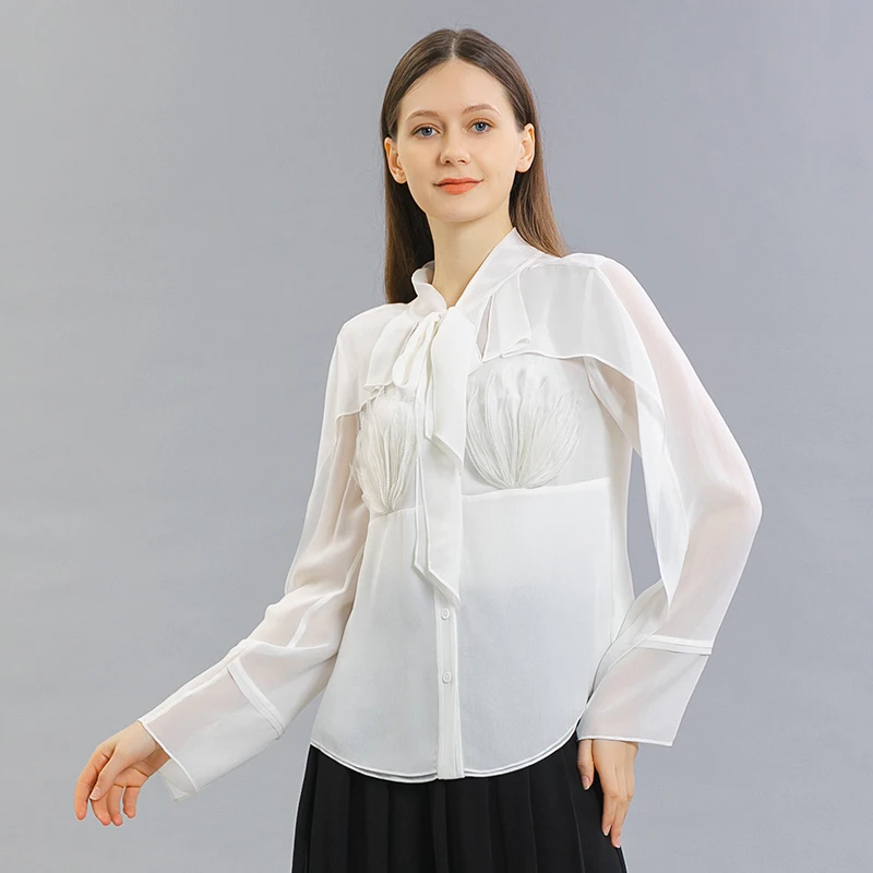 Silk 30m/m Heavy Stitching V-Neck Long Sleeve Tops Loose-leaf Design Skin-friendly Milk White Solid Color Simple Shirt BE962