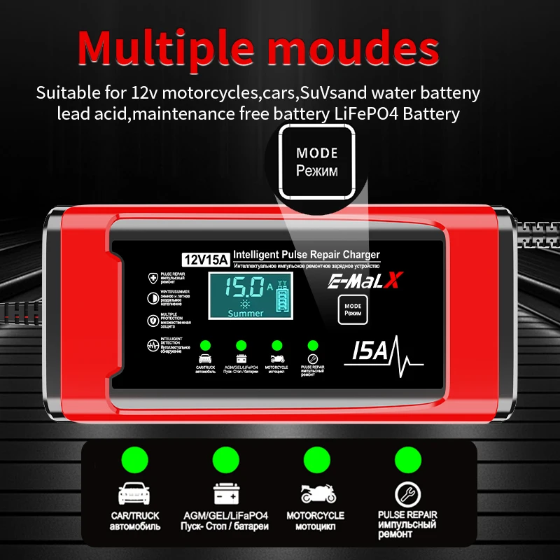 EU Plug 12V 15A Smart Battery Charger Automatic Pulse Repair Charger for Car Motorcycle Truck, Lead-Acid AGM GEL LiFePO4 Battery