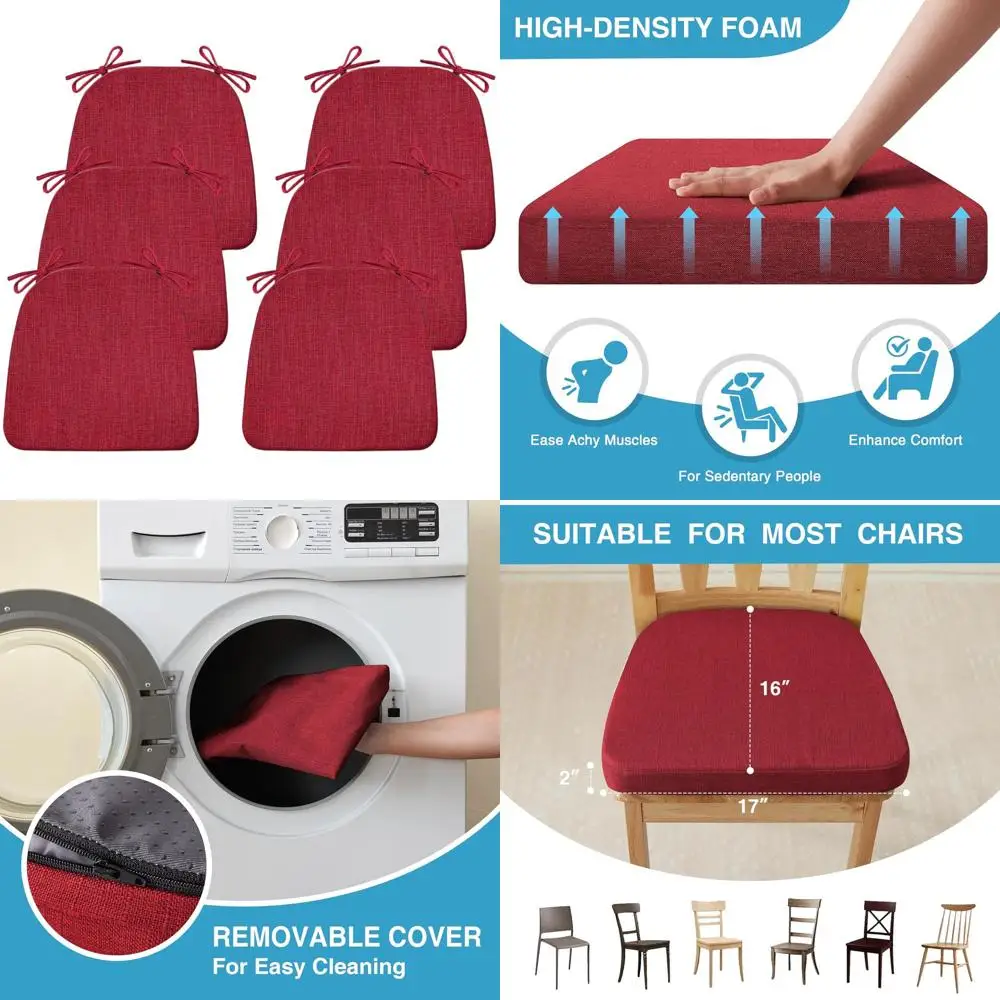 Набор из 6 нескользящих красных подушек для обеденных стульев, 17x16x2 дюймов, с завязками для кухонных стульев, D-образные подушечки для сидений