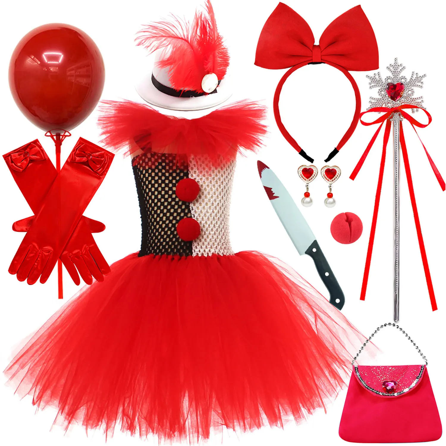 Halloween Festival Party Clown Red and Black Color Matching Dress + Horror Fake Knife + Red Accessories Set Joker Dress For Girl