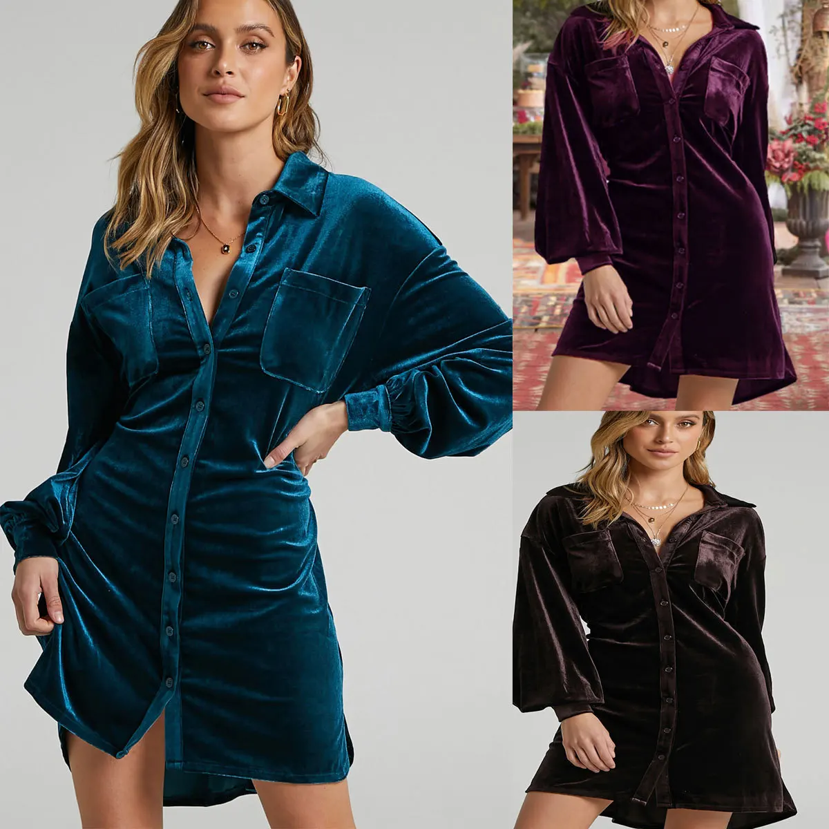 

Casual Velvet Shirt Dress Women Clothing Soild Loose Single Breasted Long Sleeve Mini Dresses with Pockets Lady Chic Streetwear