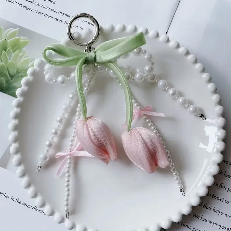 1Pcs Bag Charm Pendant with Ribbon Pearl Tulip Keychain Jewelry for Women Key Chains DIY Decoration Keychain Gift Llaveros 2026