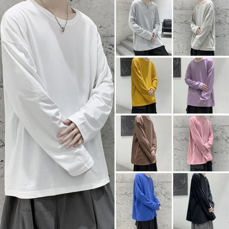 

2023 Spring New Casual Round Neck Underlay Youth Hong Kong Fashion Loose Long Sleeve Solid Large T-shirt