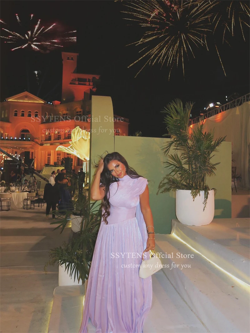 SSYTENS Lilac Silk Satin Long Evening Dresses Sleeveless A-Line Saudi Arabic Prom Dresses Scarf Formal Prom Gowns Customized