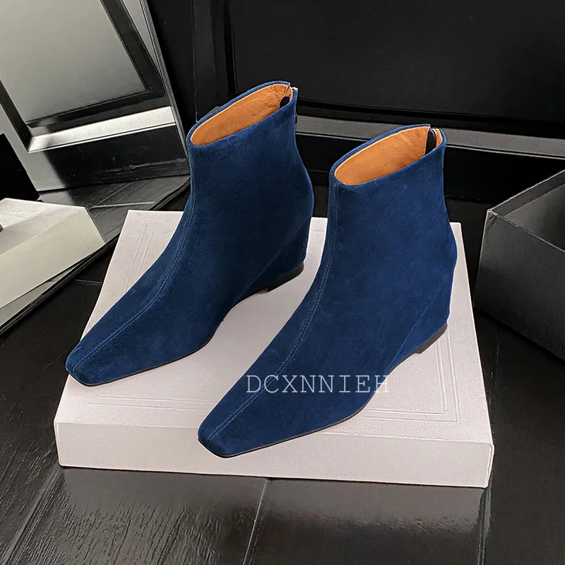 New Cow Suede Square Toe Chelsea Boots Women's Solid Color Rear Zipper Flat Ankle Boots Autumn Winter Retro Versatile Short Boot