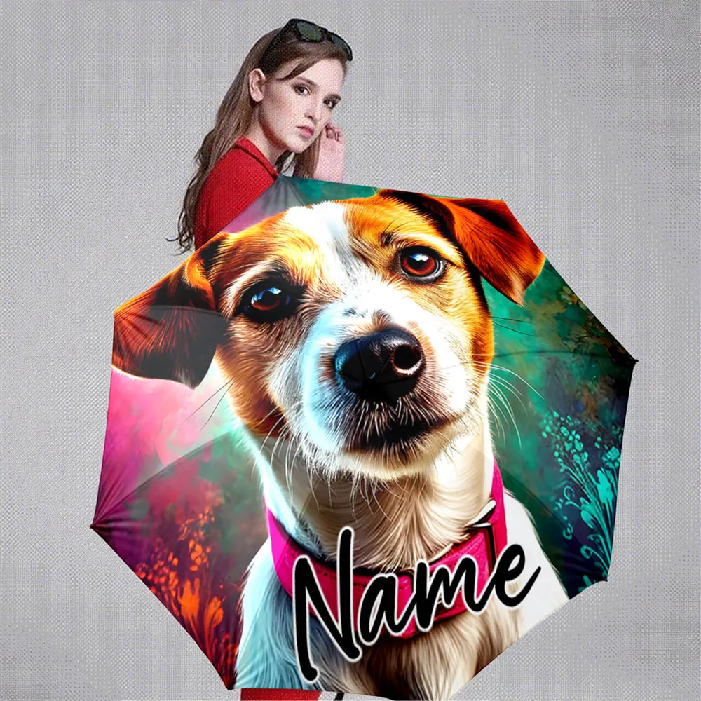 Custom Name Umbrella Realistic Jack Russell Terrier 8 Iron Ribs Folding Umbrella Auto-Open Fashion Sunshade