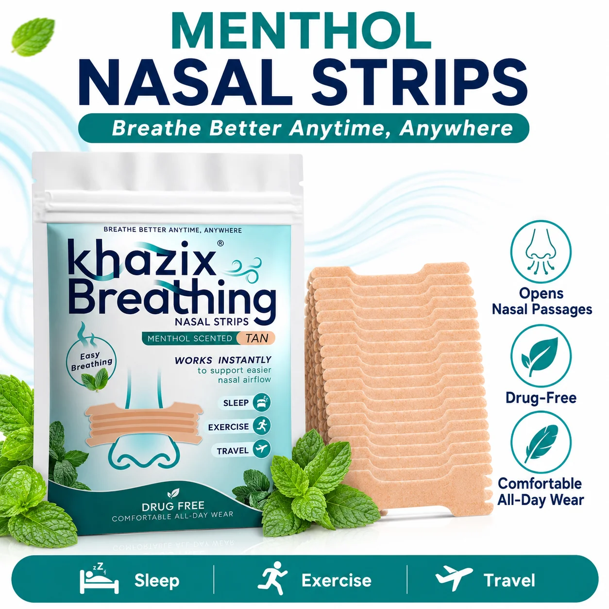 

Mint Nasal Strips, Drug-Free Breathing Support Strips for Sleep, Exercise & Travel, Men and Women.
