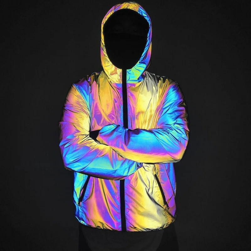 Night Rainbow Safety Protective Reflect Submachine Colorful Reflective Jacket, Personalized Hooded Rainbow Clothing, Casual Top