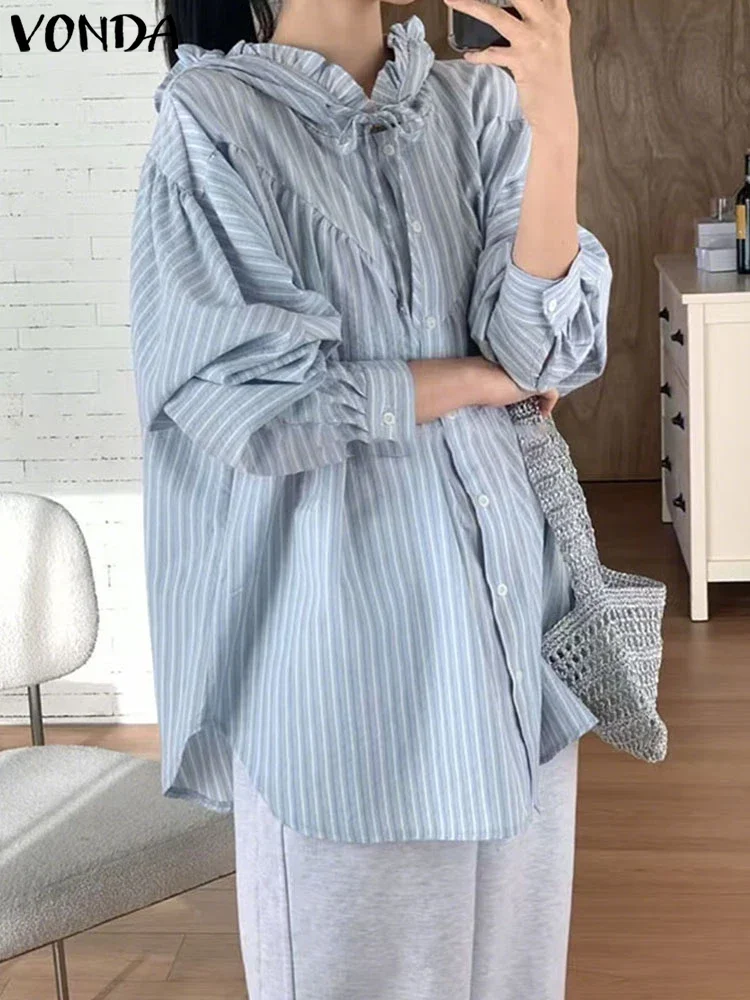 

VONDA Plus Size Shirts 2025 Women Fashion Autumn Long Sleeve Striped Blouse Hooded Tops Casual Buttons Loose Elegant Blusas 5XL