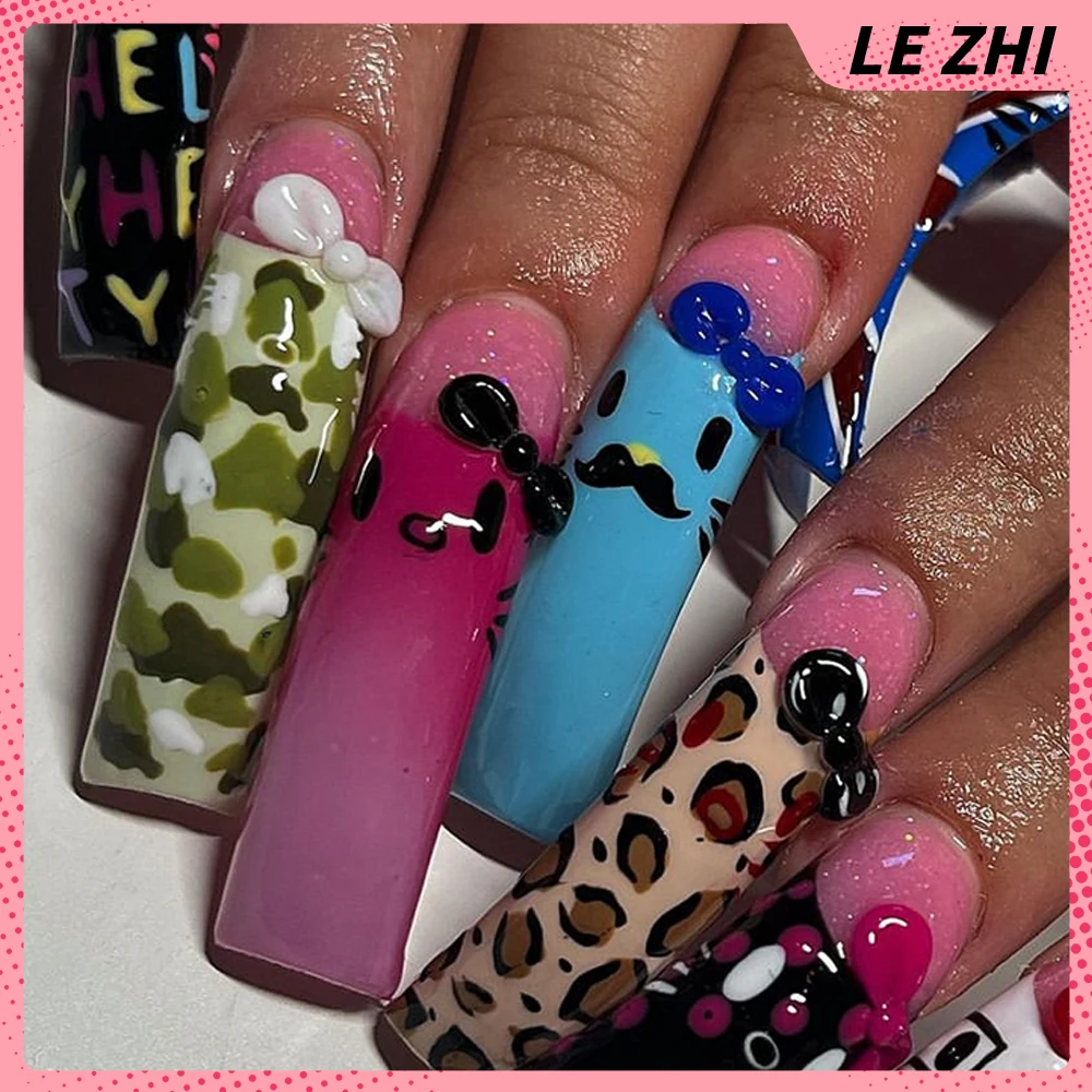 XXL Long Square Curved Handwork Hello Kitty Press On Nails Party Sticker French Leopard Print Polka Dot Bow Kawaii Nails Sticker