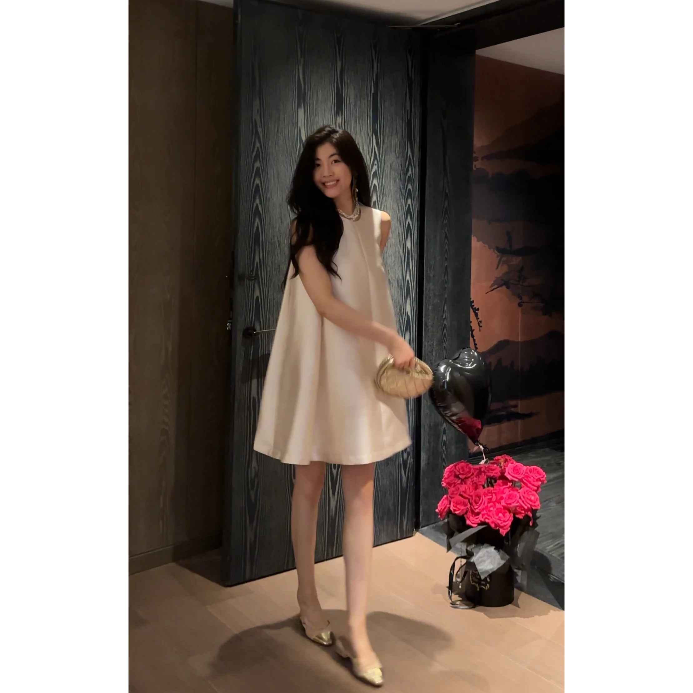 

NCOU Summer New Ele Ladylike Loose Svel round Ne A-Line Dr Women's Faionable ort Length Chinese Sle Top