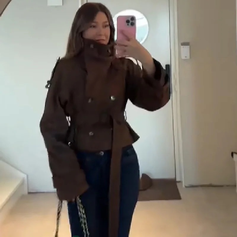 Fashion Women Jacket Stand Collar Double-breasted Waist Cinched Belts Autumn Winter High Street Commute Casual Party Club Outfit