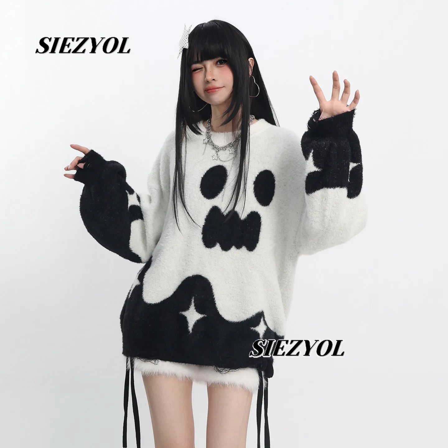 Original Crew Neck Sweater Autumn Winter New Loose Pullover Halloween Cos Sweet Cool Girls Versatile Contrasting Color Jumper
