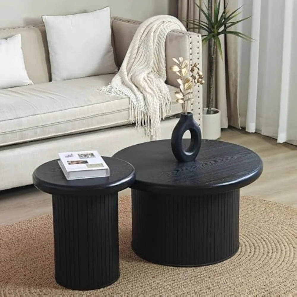 

Modern Round Nesting Coffee Table Set of 2 Black 26" Coffee Table + 15.7" Small End Table for Living Room Side Circle Cent