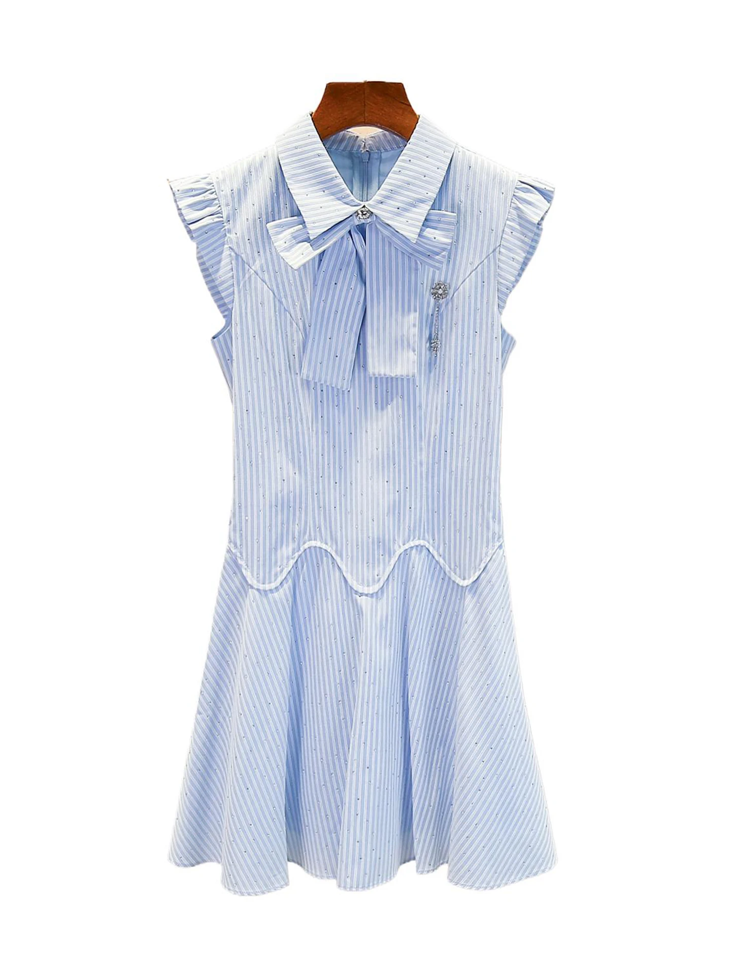

South Oil High-End Women's Summer 2025 College Sle Knot Flng Sve Turn-down Collar Stripe Dr A-Line Skirt