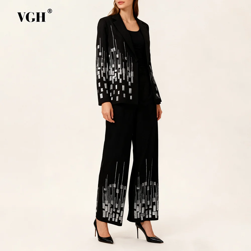 

VGH Designer Printing Slimming Two Piece Sets For Women V Neck Long Sleeve Top High Waist Pants Casual Set Female Fashion New