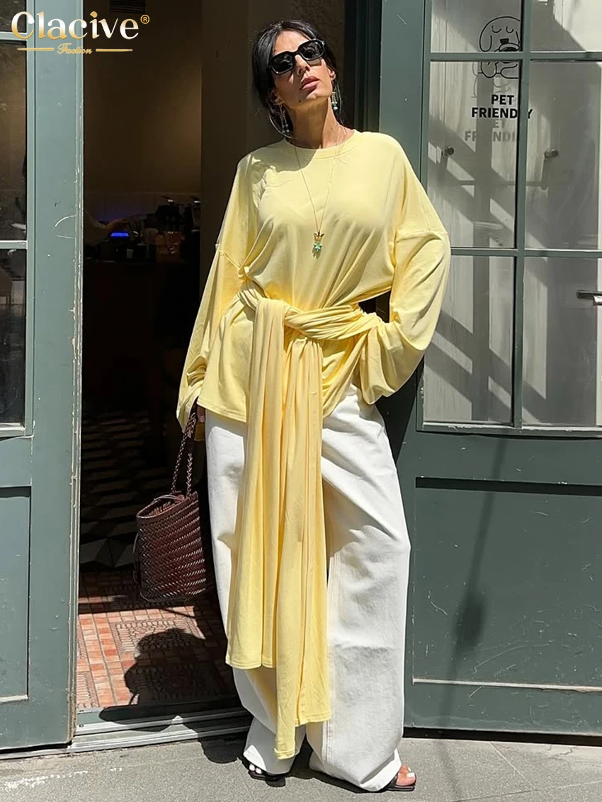 

Clacive Fashion Loose Yellow Women's T Shirts 2025 Casual O-Neck Long Sleeve T-Shirt Elegant Lace-Up Solid Top Female Clothing