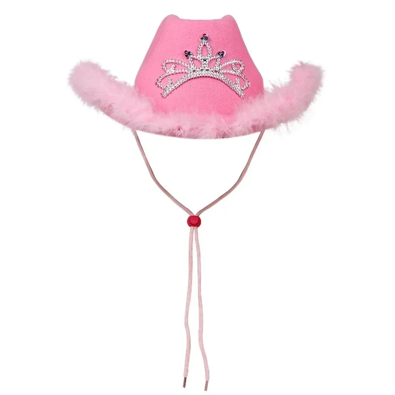 2024 New Western Cowboy Caps Y2K Pink Cowgirl Hat for Women Girl Tiara Cowgirl Hats Holiday Costume Party Cap Feather Edge Cap