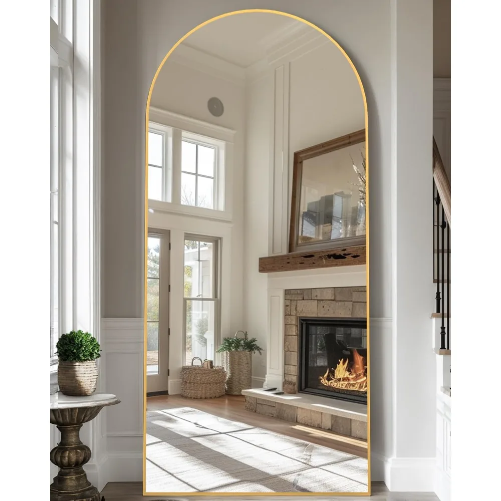 Grande espelho de chão arqueado, 68 x 26 espelhos emoldurados de alumínio de corpo inteiro, espelhos decorativos independentes para casa