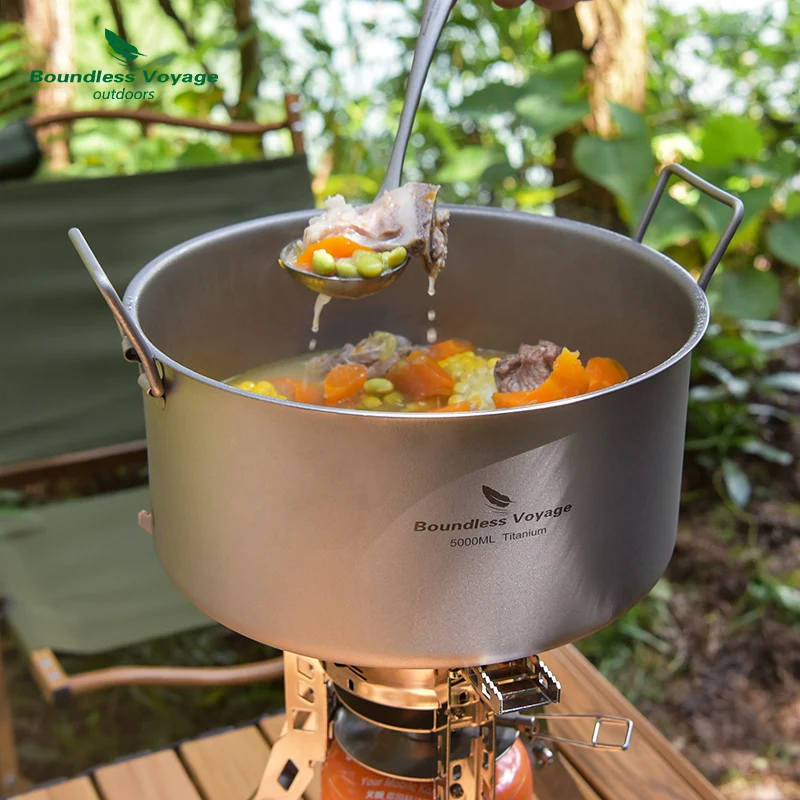 Olla de Camping Boundless Voyage, olla caliente de titanio de 2L/5L, utensilios de cocina portátiles para exteriores con tapa, mango plegable, Kit