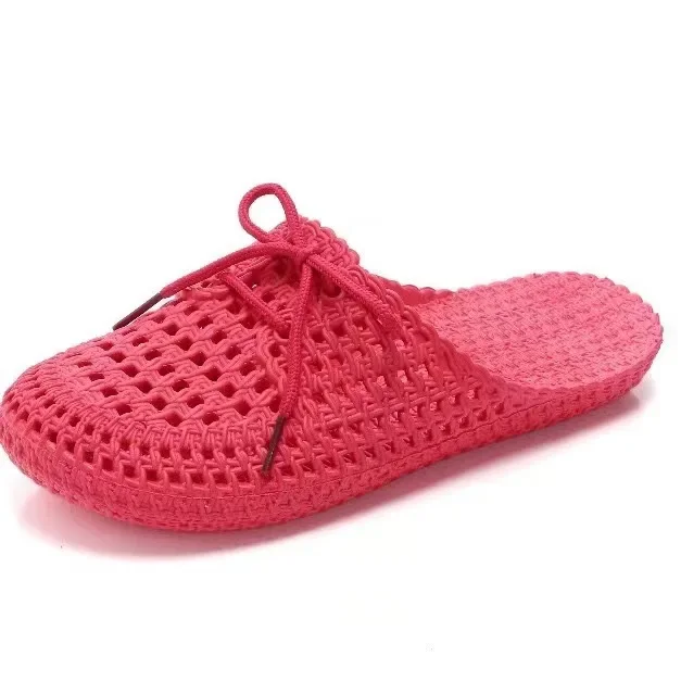 

​Openwork Knitted Slides Featuring Shoelace Detailing and Flexible Contoured Sole - Comfortable Casual House Wear for Women