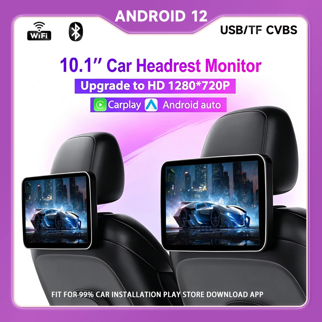 GcPaSr Car Screens Rear Seat Monitor For Headrest TV Screen WiFi Movie/Netflix/Youtube Online Video PlayerAndroid Auto CarPlay