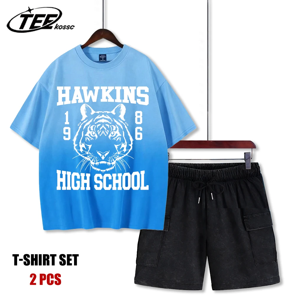 

Футболка и шорты Hawkins 1986 High School Design, хлопок, летняя новинка, модный комплект унисекс с круглым вырезом, тай-дай
