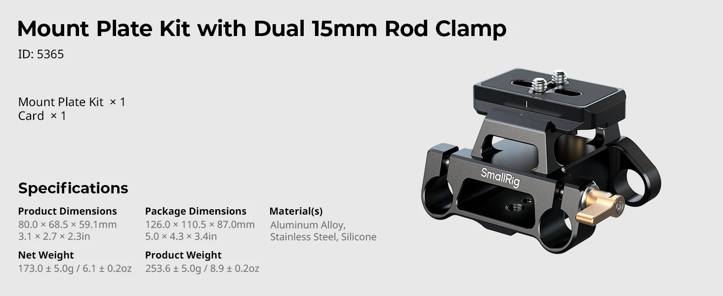 SmallRig Arca-Typ-Montageplatten-Set mit 15 mm Doppelstangenklemme, universelle integrierte Arca-Swiss-Grundplatte mit Schnellwechselplatte 5365 – Detail 6
