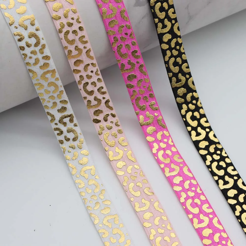 

5/8'' 15mm Gold Silver Foil Leopard Print Fold Over Elastic Ribbon FOE Band For Hair Ties Headwear DIY Sewing Decoration