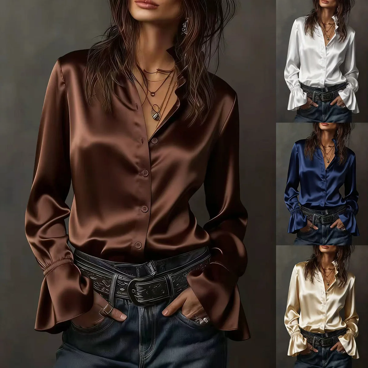 

2026 New Spring Elegant Temperament Solid Color Satin Long Sleeve Shirt for Women