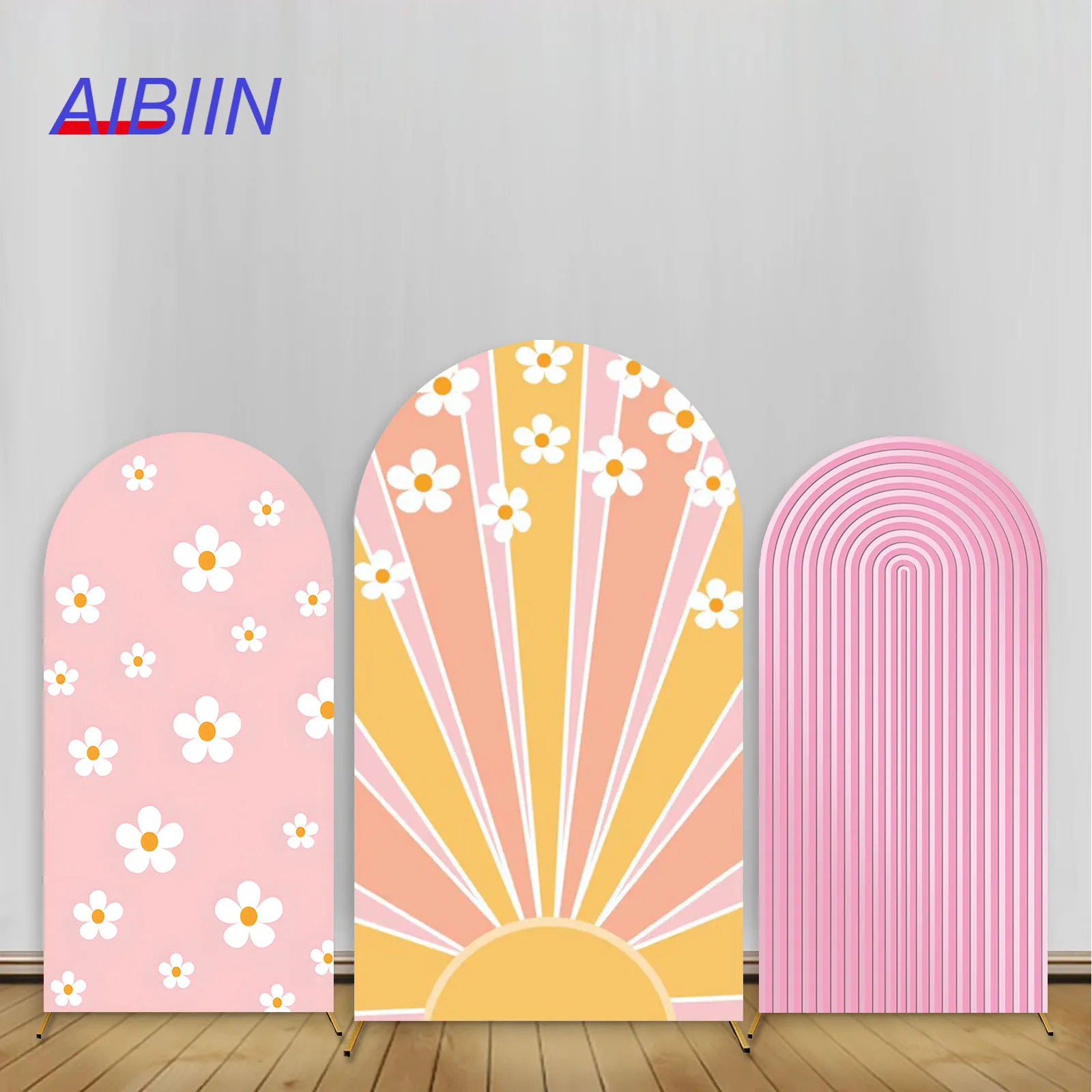 Daisy Pink Arch Backdrop Cover Rainbow Sun Stripe Girl Birthday Party Decor Baby Shower Elastic Fabric Photography Background