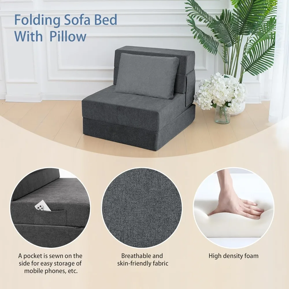 Folding Sofa Bed Chair, with Pillow,Foldable Futon Couch Bed for Living Room/Dorm/Guest/Office (Grey, Single) Sofa Chair